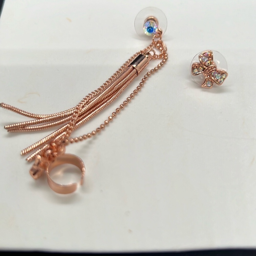 Betsy Johnson, cuffs and wraps, ear cuffs with tassel chain rose gold bow